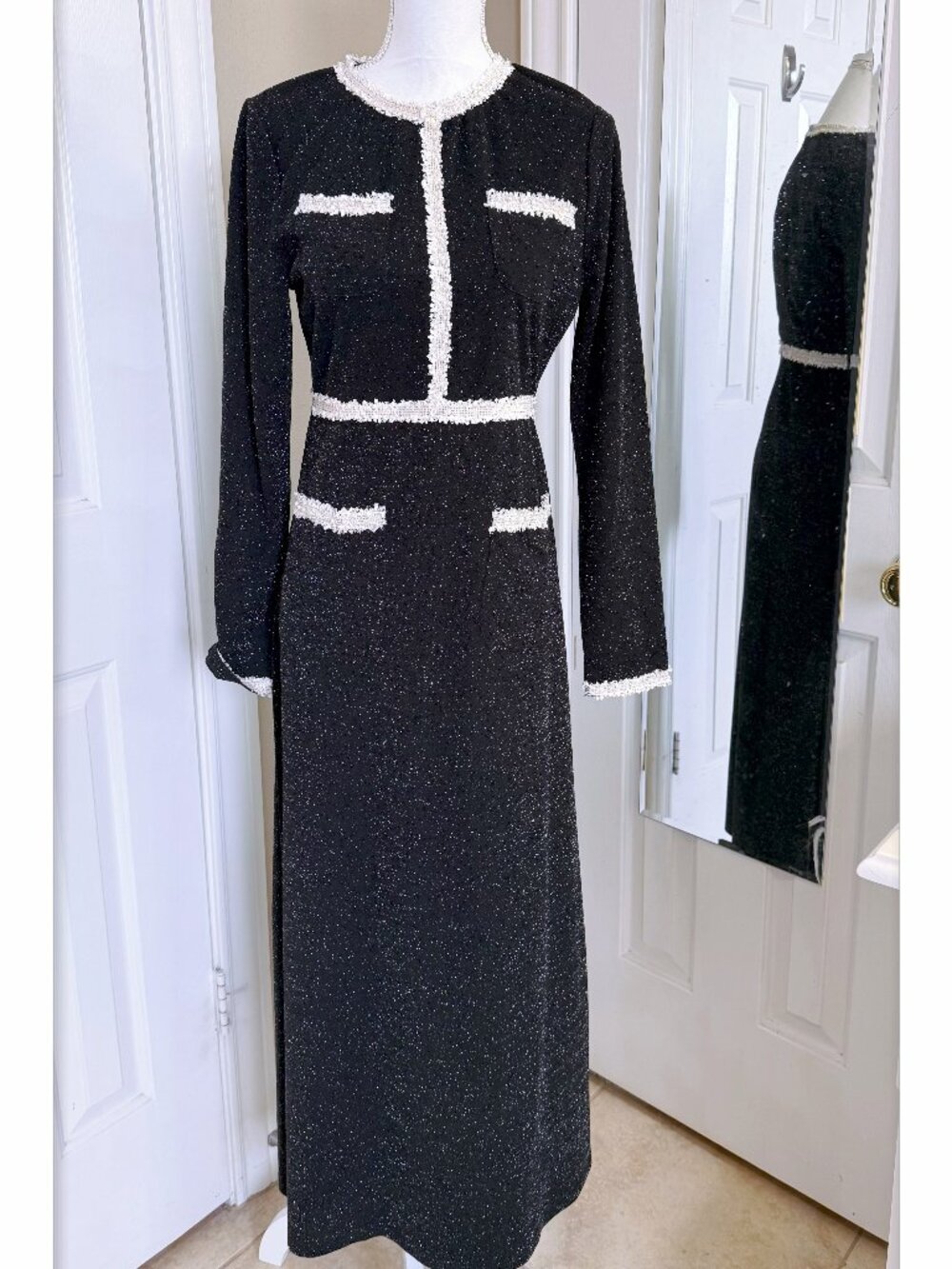 Black tweed maxi dress with white fringed contrast trim Size M